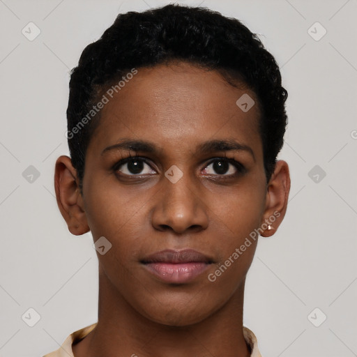 Neutral black young-adult female with short  brown hair and brown eyes
