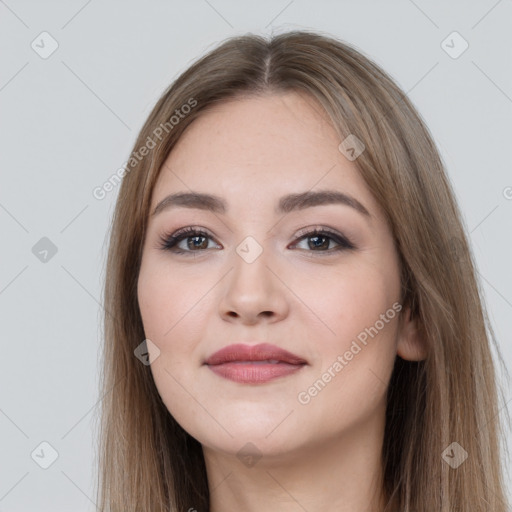 Neutral white young-adult female with long  brown hair and brown eyes