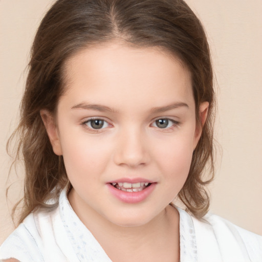 Joyful white child female with medium  brown hair and brown eyes