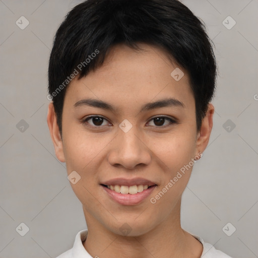 Joyful asian young-adult female with short  black hair and brown eyes