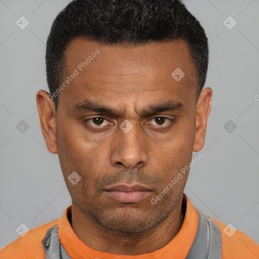 Neutral latino adult male with short  black hair and brown eyes