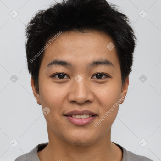 Joyful asian young-adult male with short  black hair and brown eyes