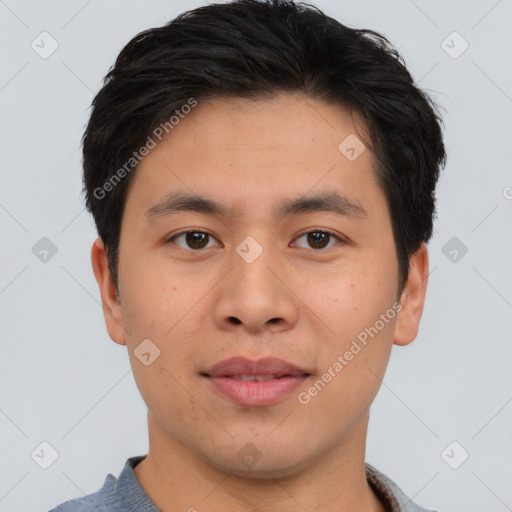 Neutral asian young-adult male with short  brown hair and brown eyes