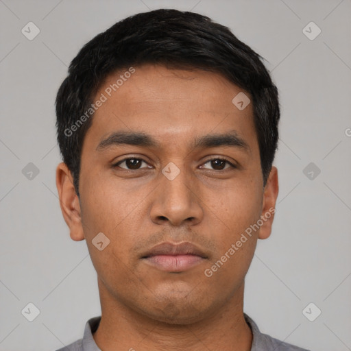 Neutral latino young-adult male with short  black hair and brown eyes