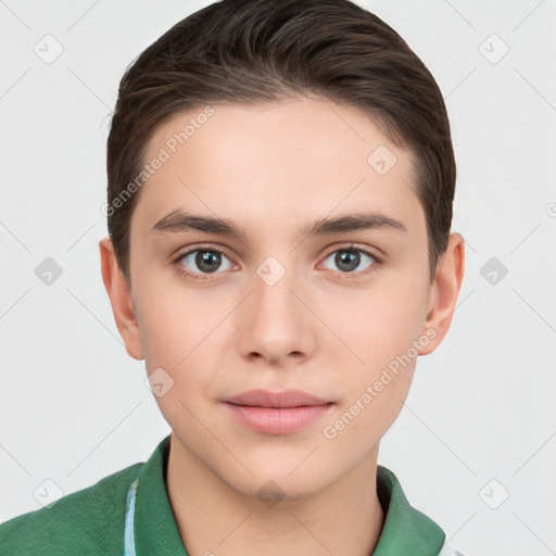 Neutral white young-adult male with short  brown hair and brown eyes