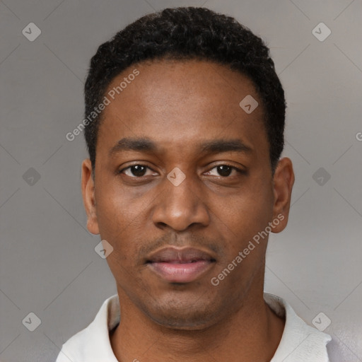 Neutral black young-adult male with short  black hair and brown eyes