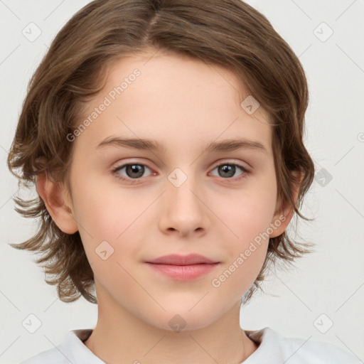 Joyful white child female with medium  brown hair and brown eyes