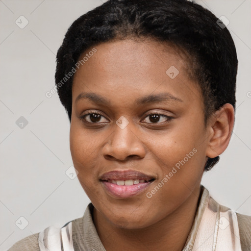 Joyful black young-adult female with short  brown hair and brown eyes