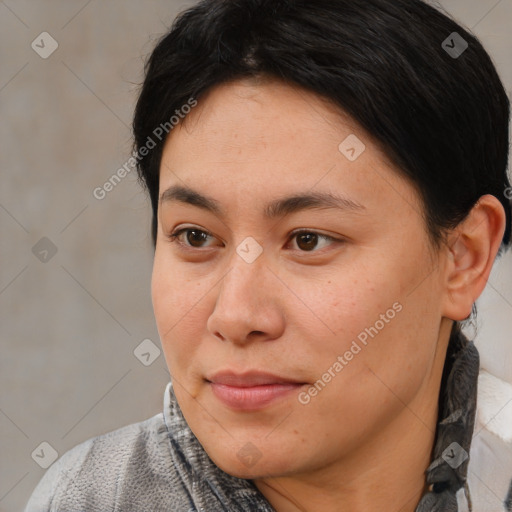 Neutral white young-adult female with medium  brown hair and brown eyes