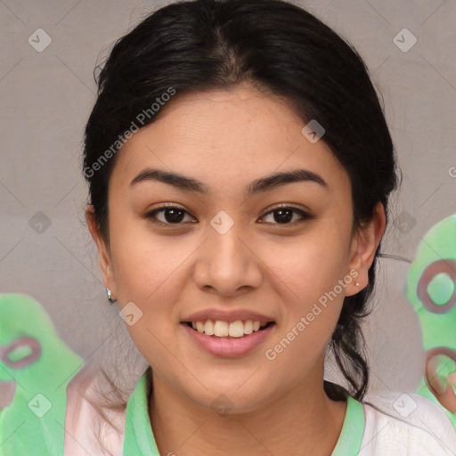 Joyful latino young-adult female with medium  brown hair and brown eyes