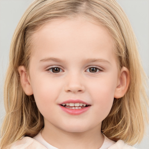 Joyful white child female with medium  brown hair and brown eyes