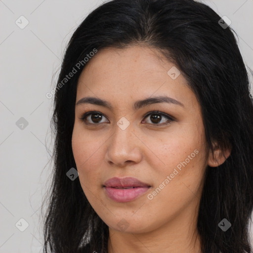 Joyful asian young-adult female with long  brown hair and brown eyes