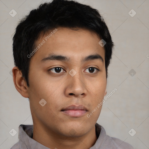 Neutral asian young-adult male with short  black hair and brown eyes