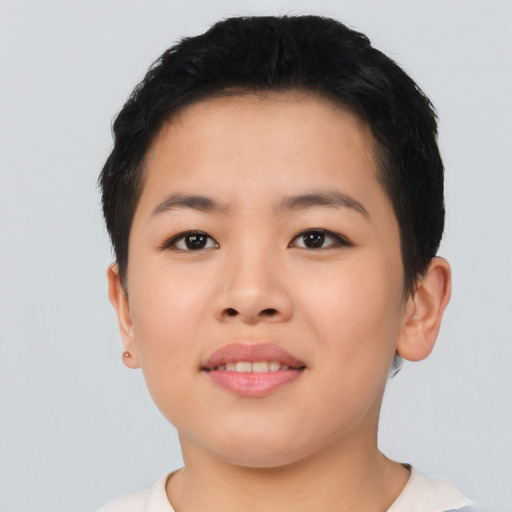 Neutral asian young-adult female with short  brown hair and brown eyes