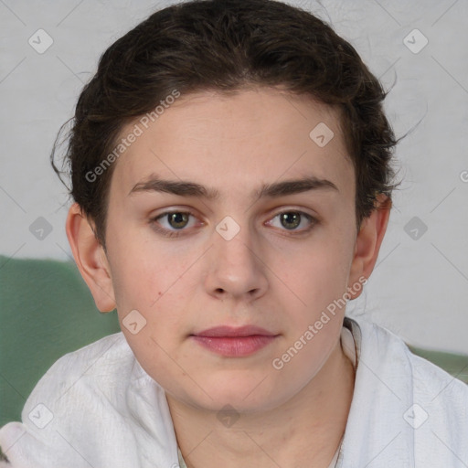 Neutral white young-adult female with short  brown hair and brown eyes