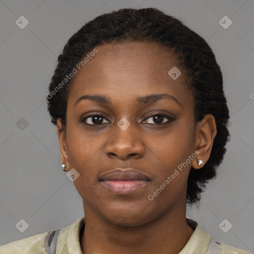 Neutral black young-adult female with short  black hair and brown eyes