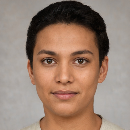 Neutral latino young-adult female with short  black hair and brown eyes