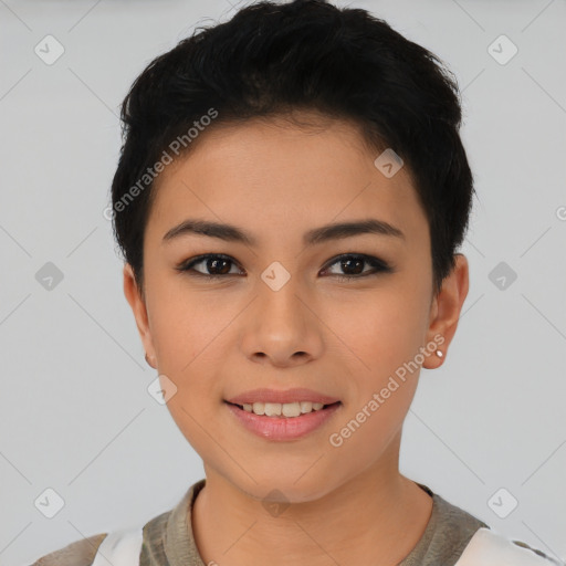 Joyful asian young-adult female with short  black hair and brown eyes