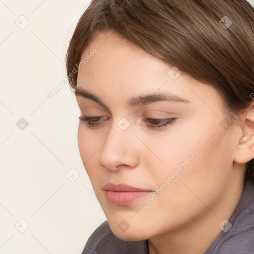 Neutral white young-adult female with medium  brown hair and brown eyes