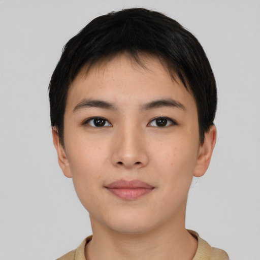Neutral asian young-adult female with short  black hair and brown eyes