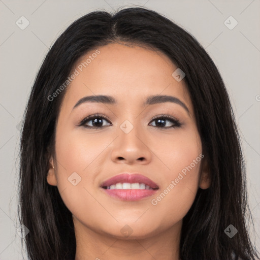 Joyful asian young-adult female with long  black hair and brown eyes