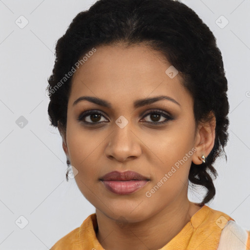 Joyful latino young-adult female with long  black hair and brown eyes