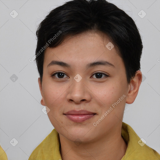 Joyful asian young-adult female with short  brown hair and brown eyes