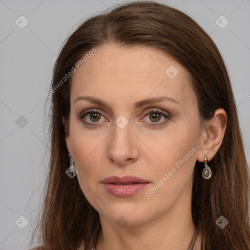 Neutral white young-adult female with long  brown hair and grey eyes