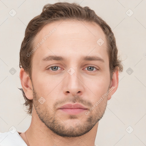 Neutral white young-adult male with short  brown hair and grey eyes