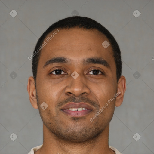 Neutral latino young-adult male with short  brown hair and brown eyes