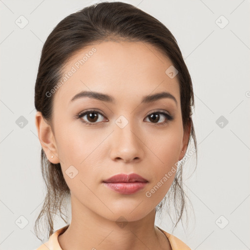 Neutral white young-adult female with medium  brown hair and brown eyes