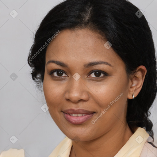 Joyful black young-adult female with medium  brown hair and brown eyes
