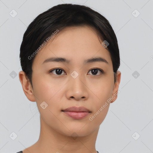 Neutral asian young-adult female with short  black hair and brown eyes