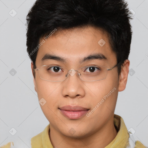 Joyful asian young-adult male with short  brown hair and brown eyes