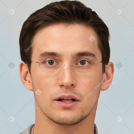 Neutral white young-adult male with short  brown hair and brown eyes