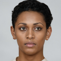 Neutral black young-adult female with short  black hair and brown eyes