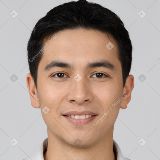 Joyful white young-adult male with short  black hair and brown eyes