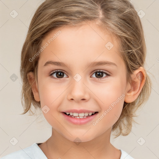 Joyful white child female with medium  brown hair and brown eyes