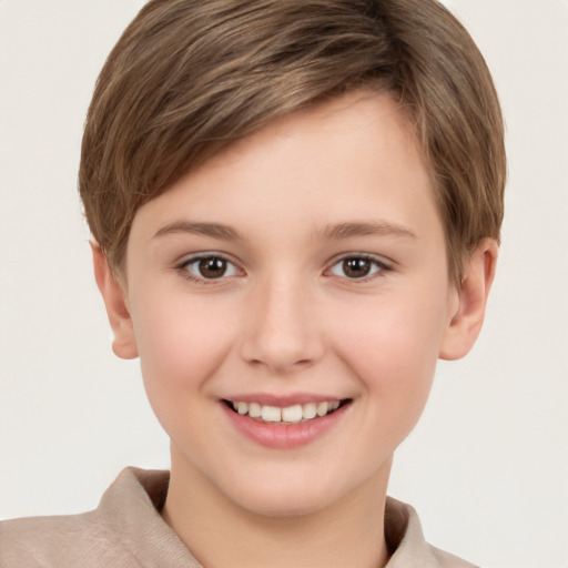 Joyful white child female with short  brown hair and brown eyes