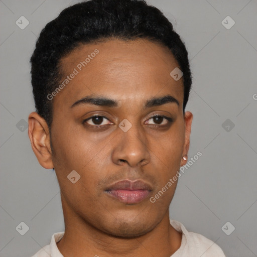 Neutral latino young-adult male with short  black hair and brown eyes