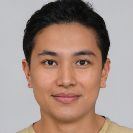 Joyful asian young-adult male with short  brown hair and brown eyes