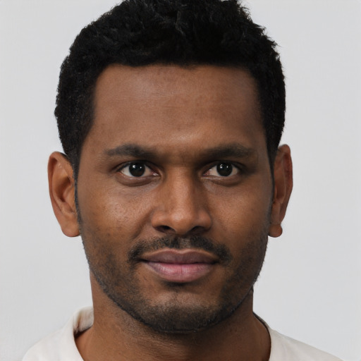 Neutral black young-adult male with short  black hair and brown eyes
