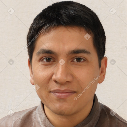 Joyful asian young-adult male with short  black hair and brown eyes