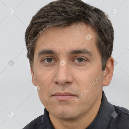 Neutral white adult male with short  brown hair and brown eyes