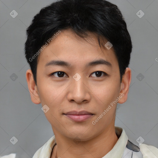 Joyful asian young-adult female with short  brown hair and brown eyes