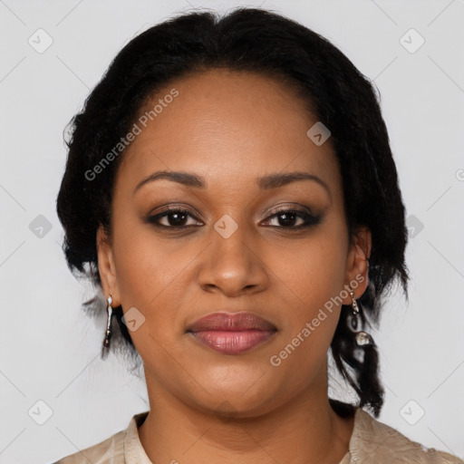 Joyful black young-adult female with medium  black hair and brown eyes
