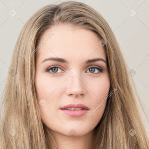 Neutral white young-adult female with long  brown hair and brown eyes