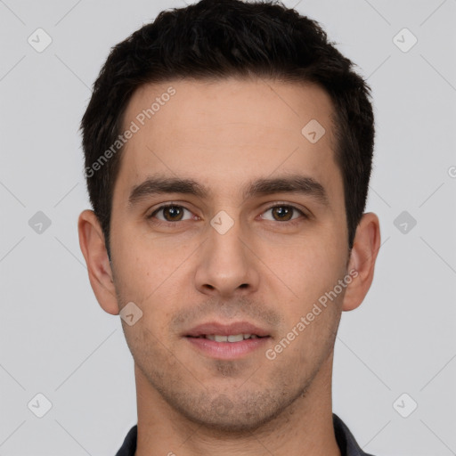 Neutral white young-adult male with short  brown hair and brown eyes