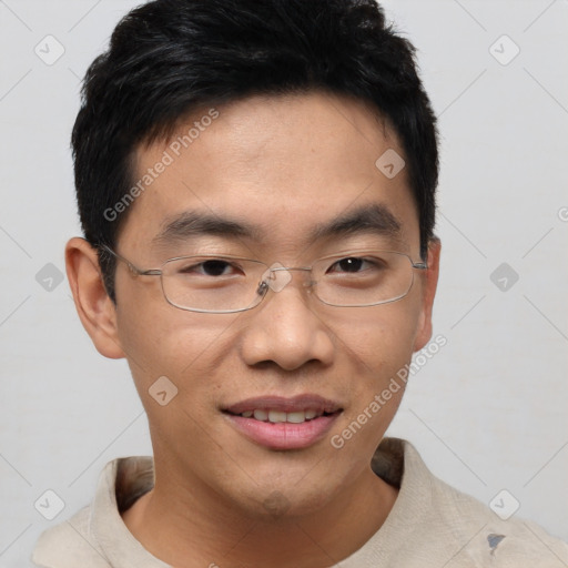 Joyful asian young-adult male with short  black hair and brown eyes