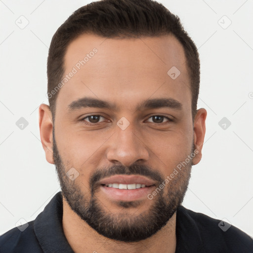 Joyful white young-adult male with short  brown hair and brown eyes